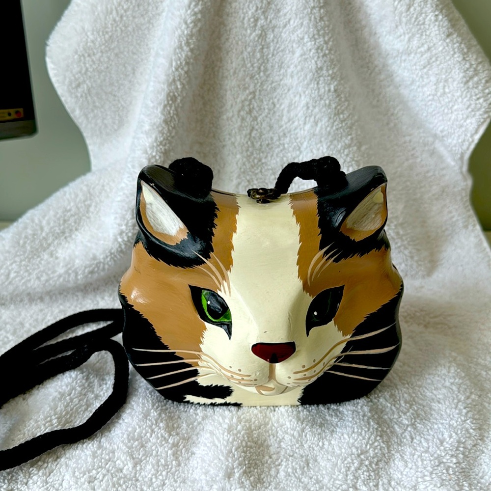 Timmy Woods Cat wooden carved cross purse